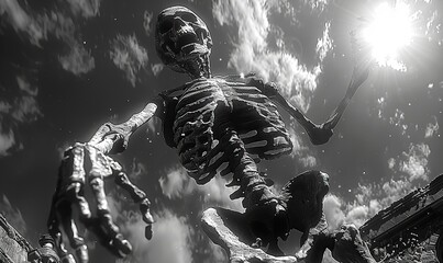 Surreal Halloween scene: graceful skeleton ghost in vintage attire dances hauntingly in moonlight amidst graveyard backdrop.