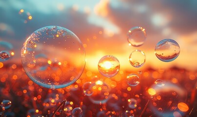 Wall Mural - Beautiful soap bubbles float abstractly against a romantic sunset backdrop in a serene outdoor park setting.