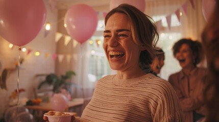 Wall Mural - A woman is smiling and holding a cupcake