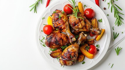 Canvas Print - Grilled Chicken Drumsticks and Vegetables on Plate with White Background Top view
