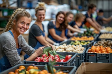 Wall Mural - group of volunteers sorting out donations at a local food bank