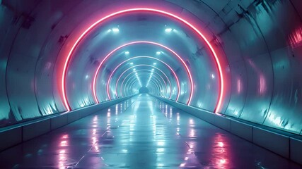 Fototapete - A view down a futuristic tunnel with vibrant red and blue neon lights illuminating the path. The wet floor reflects the glowing colors, creating a surreal atmosphere.