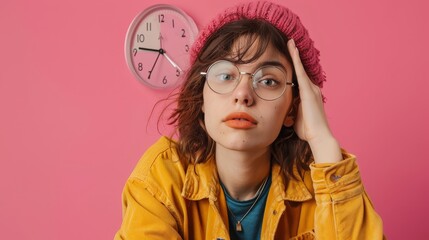 Poster - Isolated on pink drawing color background, a collage of a lady student sitting at a clock wearing casual cloth glasses