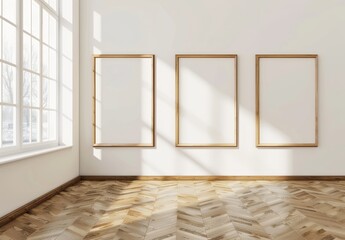 An interior 3D rendering with three leaning wooden frames