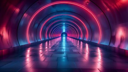 Poster - A long, empty tunnel lit by neon lights in pink and blue hues. The glossy floor reflects the vibrant colors.