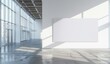 © Mark - A white wall mockup in a sunny modern empty gallery, rendered in 3D. A big stand mockup in a museum with a contemporary art exhibition. An interior design with a banner exposition template designed