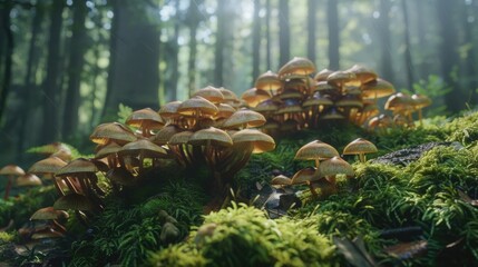 Wall Mural - A forest scene with a large group of mushrooms on the ground