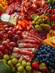 Wall Mural - A table full of food including grapes, cheese, ham, and other fruits