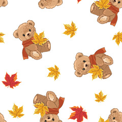 Wall Mural - Teddy Bear in a scarf seamless pattern autumn vector illustration, Hand Drawn Cute print kids design