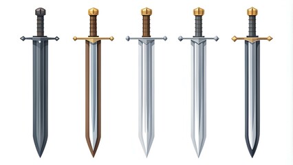 Set of knight swords isolated on white background. Swords in flat style and silhouettes. Vector illustration