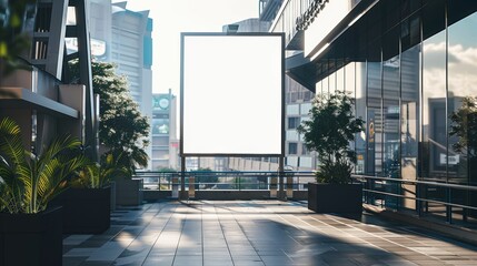 Poster - Large mockup of an empty big poster on a mall roof; white template placeholder for advertisement billboard on a modern building framed by trees; blank mockup of outdoor info banner