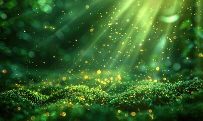 Wall Mural - Abstract green light burst rays on dark green background with green, yellow, and gold sparkles; copy space.