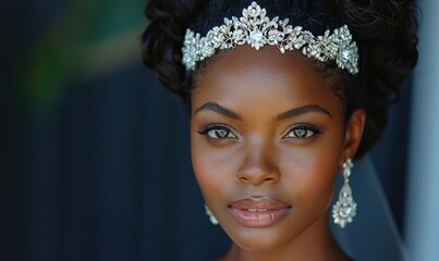 Isolated on dark navy background with copy space, bride with beautiful black skin wears tiara, earrings, and necklace.