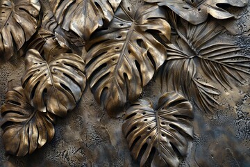 Wall Mural - Bronze Tropical Leaves: A volumetric stucco panel 