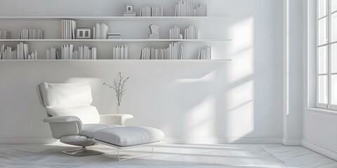 Wall Mural - Minimalist and Cozy White Interior with Stylish Bookshelves. Concept Minimalist Decor, Cozy Interior, White Color Scheme, Stylish Bookshelves, Home Design