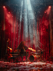 Closeup of a red stage with various musical instruments and stage lights