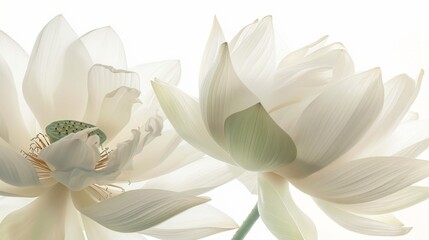 A close-up photograph capturing the delicate beauty of two white lotus flowers in full bloom, their petals gently unfurling against a soft, white background