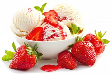 Poster - A bowl of ice cream with strawberries and whipped cream