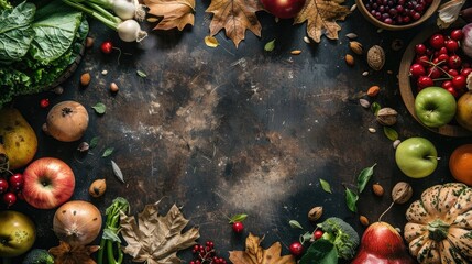 Rustic autumn table with fallen leaves fruits and veggies Vintage paper backdrop space for text Top down view of fresh Thanksgiving spread