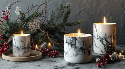 Wall Mural - A set of candles with a marble design are lit