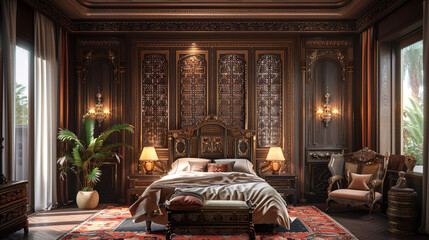 Poster - A luxurious bedroom with a intricately carved wooden folding screen.