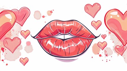 Wall Mural - Trendy Valentine's Day Vector Banner with Bright Juicy Lips and Hearts on Soft Background | Stock Vector Illustration