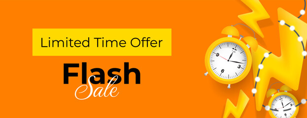 Wall Mural - limited time offer banner design with yellow 3d bolts and alarm clock