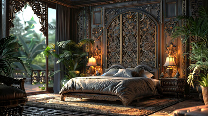 Poster - A luxurious bedroom with a intricate metalwork folding screen divider.
