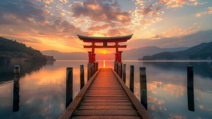 nice pier with Torii Gate at the end in the middle of a lake and a beautiful sunset