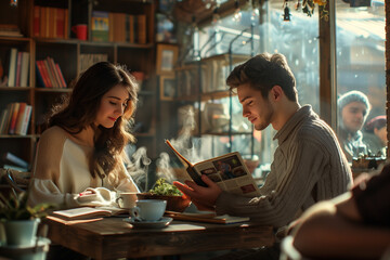 Poster - couple sitting in cafe reading book