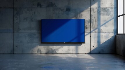Wall Mural - modern minimalist interior with large blue tv screen on concrete wall. stylish industrial room desig