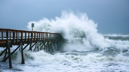 Wall Mural - Powerful hurricane waves crash violently against a pier, moments before an impending disaster.