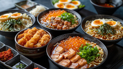 Wall Mural - A collection of Japanese noodle and dishes on a table in a restaurant