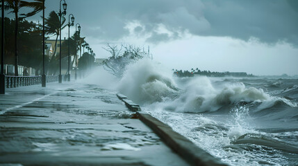 Wall Mural - Powerful hurricane stirs up massive waves, crashing against a rocky shore in a seascape view.