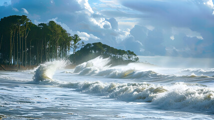 Wall Mural - Dramatic hurricane storm causing powerful waves to crash along the coast in this striking image.