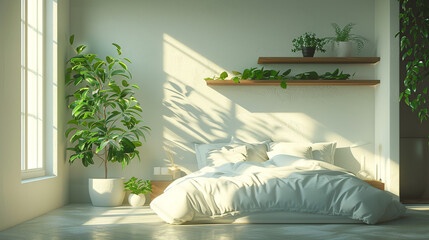 Poster - A minimalist bedroom with a small potted houseplant and shelving unit.