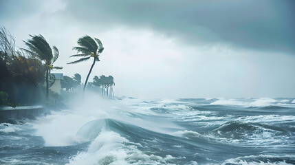 Wall Mural - Powerful hurricane whips up massive waves on coast, threatening destruction and chaos in its wake.