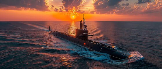 A portrait of a floating submarine at sea with a beautiful sunset view and a big space for text or background, Generative AI.