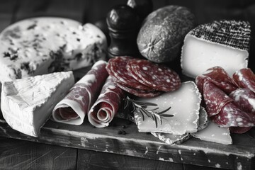Wall Mural - A black and white photo of a cheese board with a variety of meats and cheeses