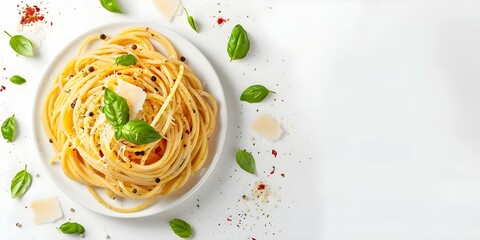 Wall Mural - Delicious Spaghetti Aglio Olio with Basil, Parmesan, and Spices on a White Background. Concept Italian Cuisine, Food Photography, Gourmet Spaghetti, Culinary Presentation, Delicious Ingredients