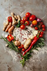 Wall Mural - heart from vegetables top view. Selective focus