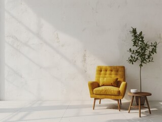 Wall Mural - A yellow chair sits in front of a white wall with a potted plant