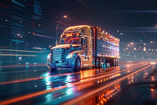 An illustrative work of a cargo truck with technological connections and a dark night view for text or product advertisement purpose, Generative AI.