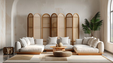 Wall Mural - A minimalist living room with a natural wood folding screen.