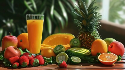 Canvas Print - A table full of fruit and a glass of orange juice
