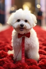 Wall Mural - A white dog wearing a red bow tie is sitting on a red carpet