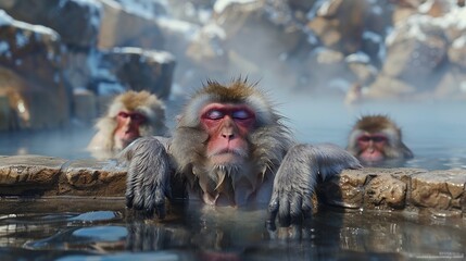 Canvas Print - Monkey in hot spring in winter