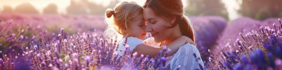 Wall Mural - a woman with a child in a field of lavender. Selective focus