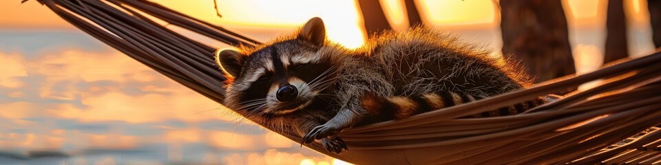 raccoon on a hammock against the background of the sea. Selective focus