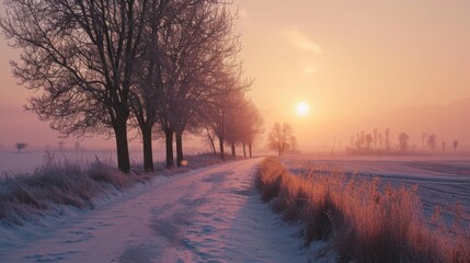 Wall Mural - A road with trees in the background and a sun setting in the distance